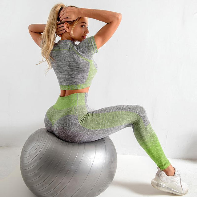 Grey with Color Shades Legging & Top Fitness Set - Item - BAI-DAY 