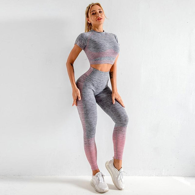 Grey with Color Shades Legging & Top Fitness Set - Item - BAI-DAY 
