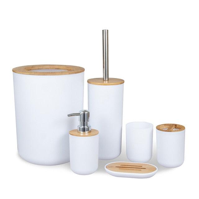 Set of 6 Bamboo and Stainless Steel Bathroom Accessories - Item - BAI-DAY 